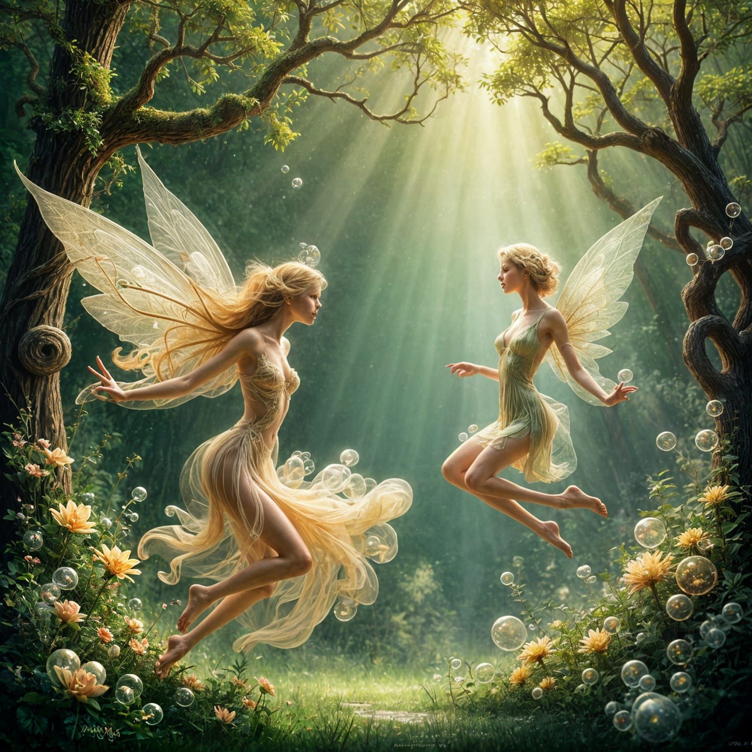 Whimsical Soap Bubble Fairies in Enchanted Forest