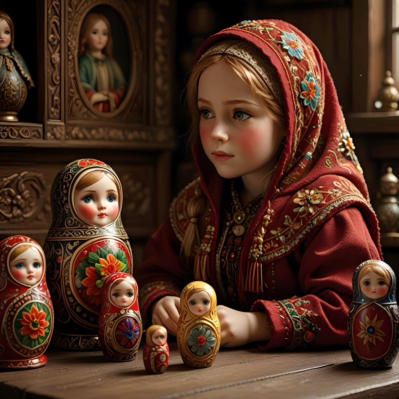 Russian Dolls Scene in Vibrant Hyperrealistic Style