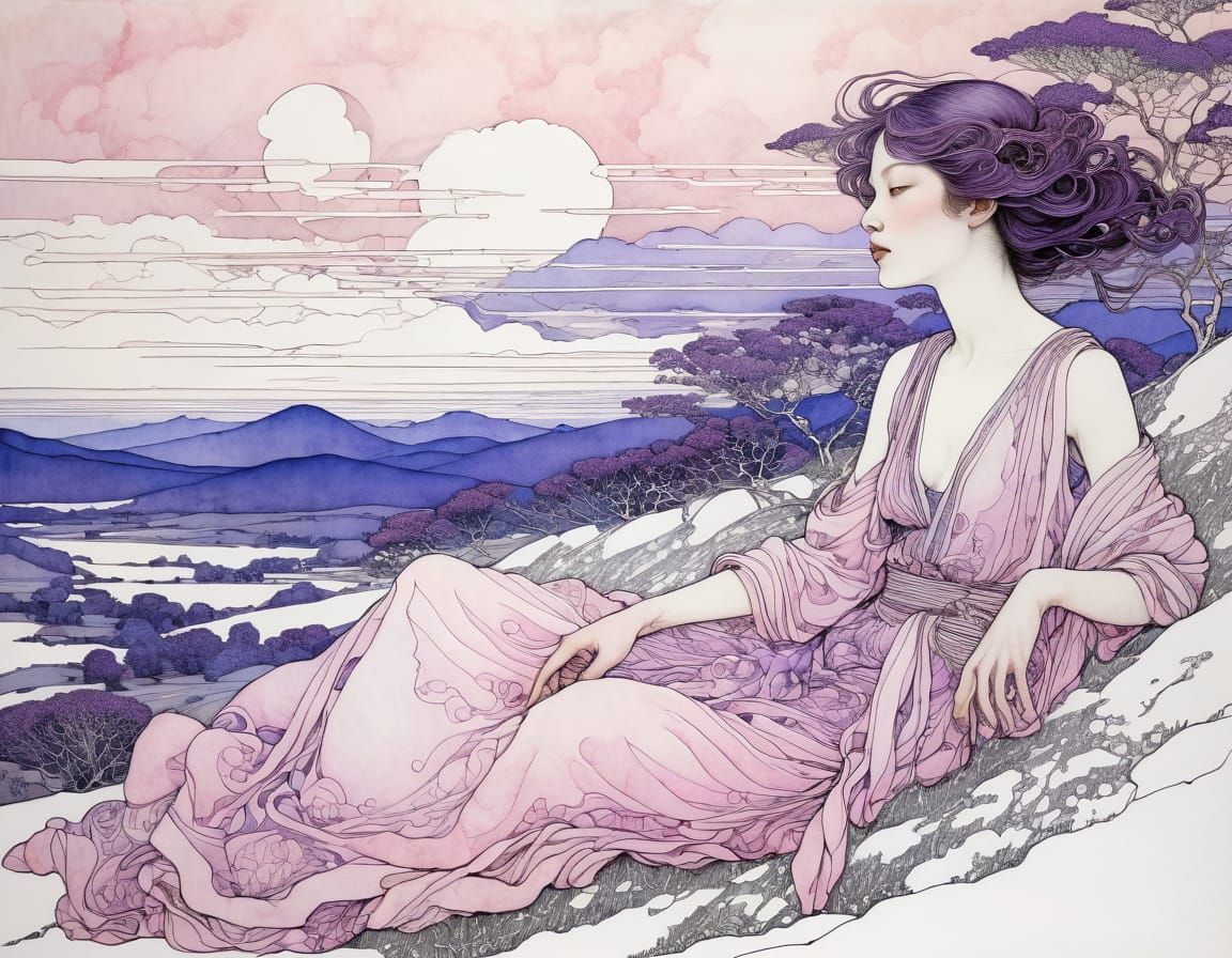Woman in Spring Landscape: An Art Nouveau Watercolor
