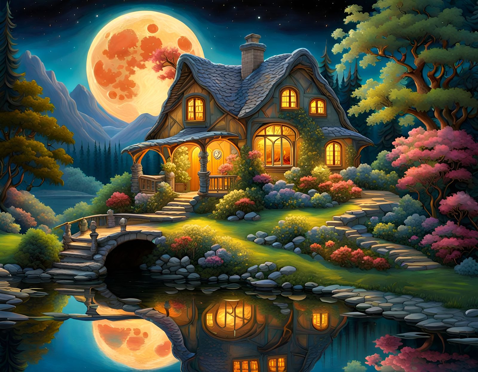 Romantic Cottage Reflecting Under Moonlight: Photorealistic ...