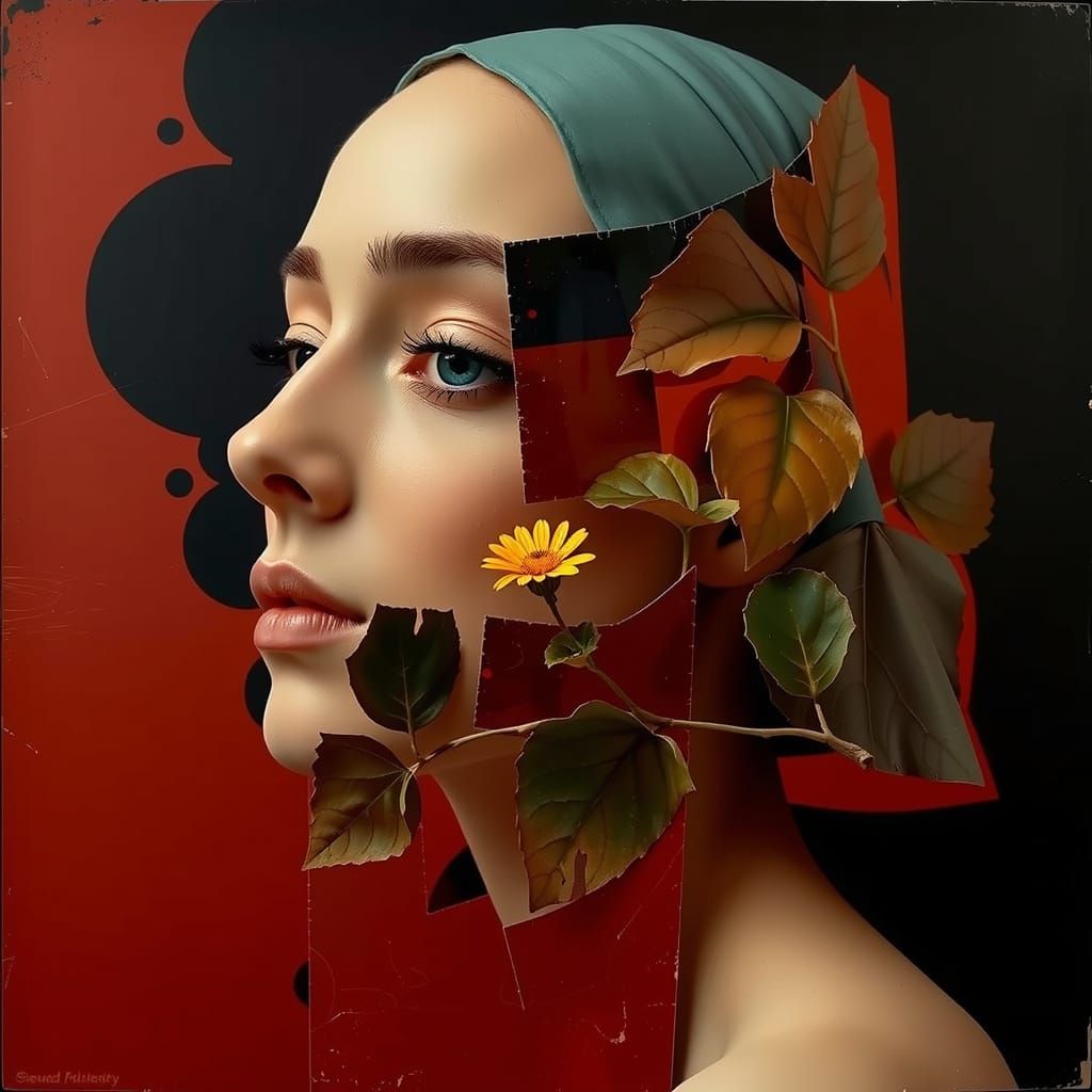 Woman with Teal Hair Among Green Leaves and Yellow Flowers