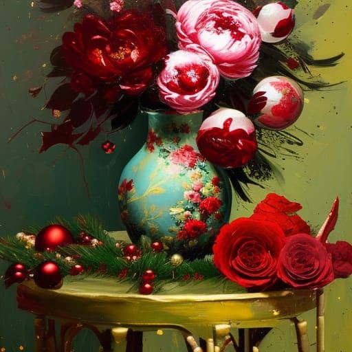 Christmas Floral Still Life in Impasto Acrylic Style