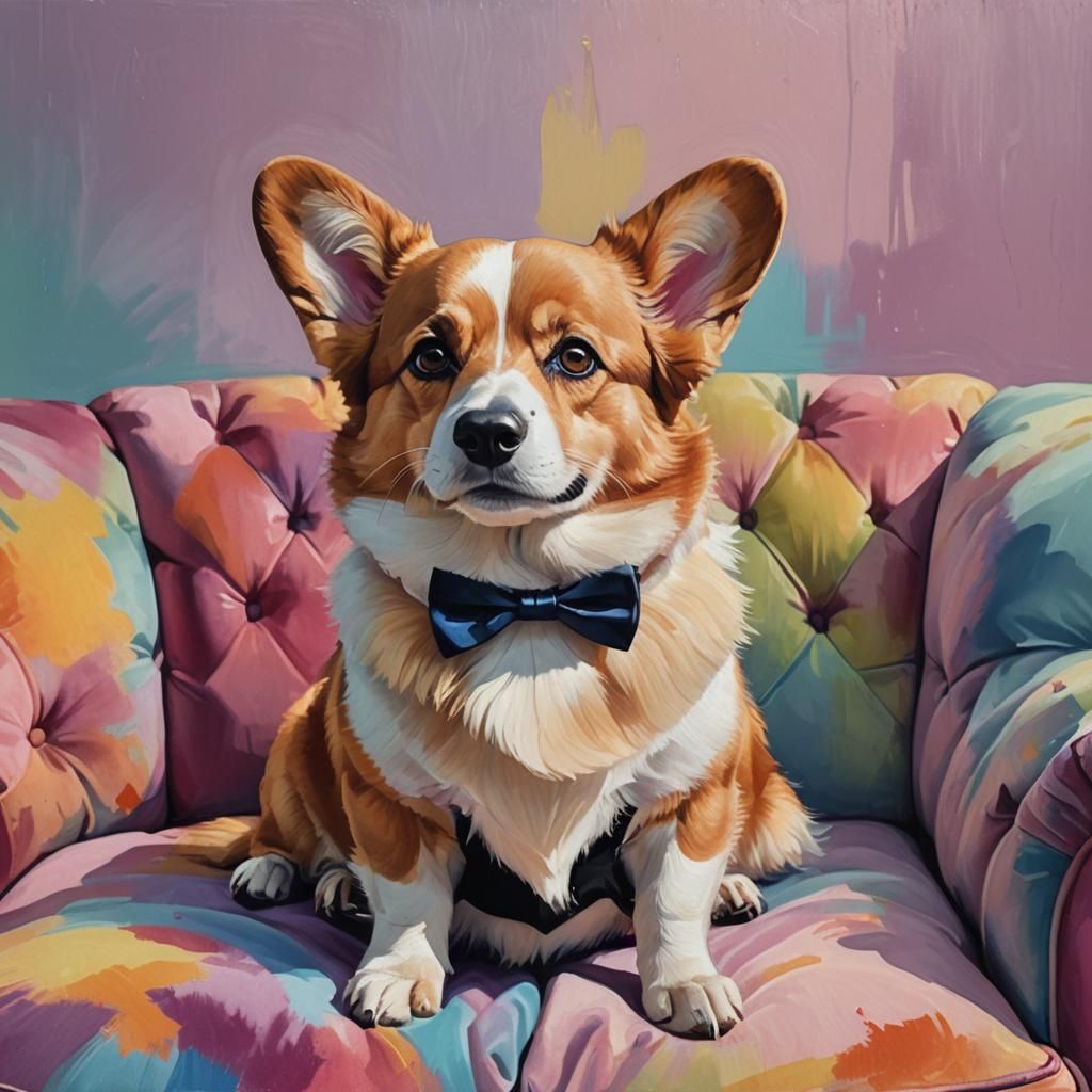Corgi in Tuxedo on Luxurious Couch: Photorealistic Splash Ar...