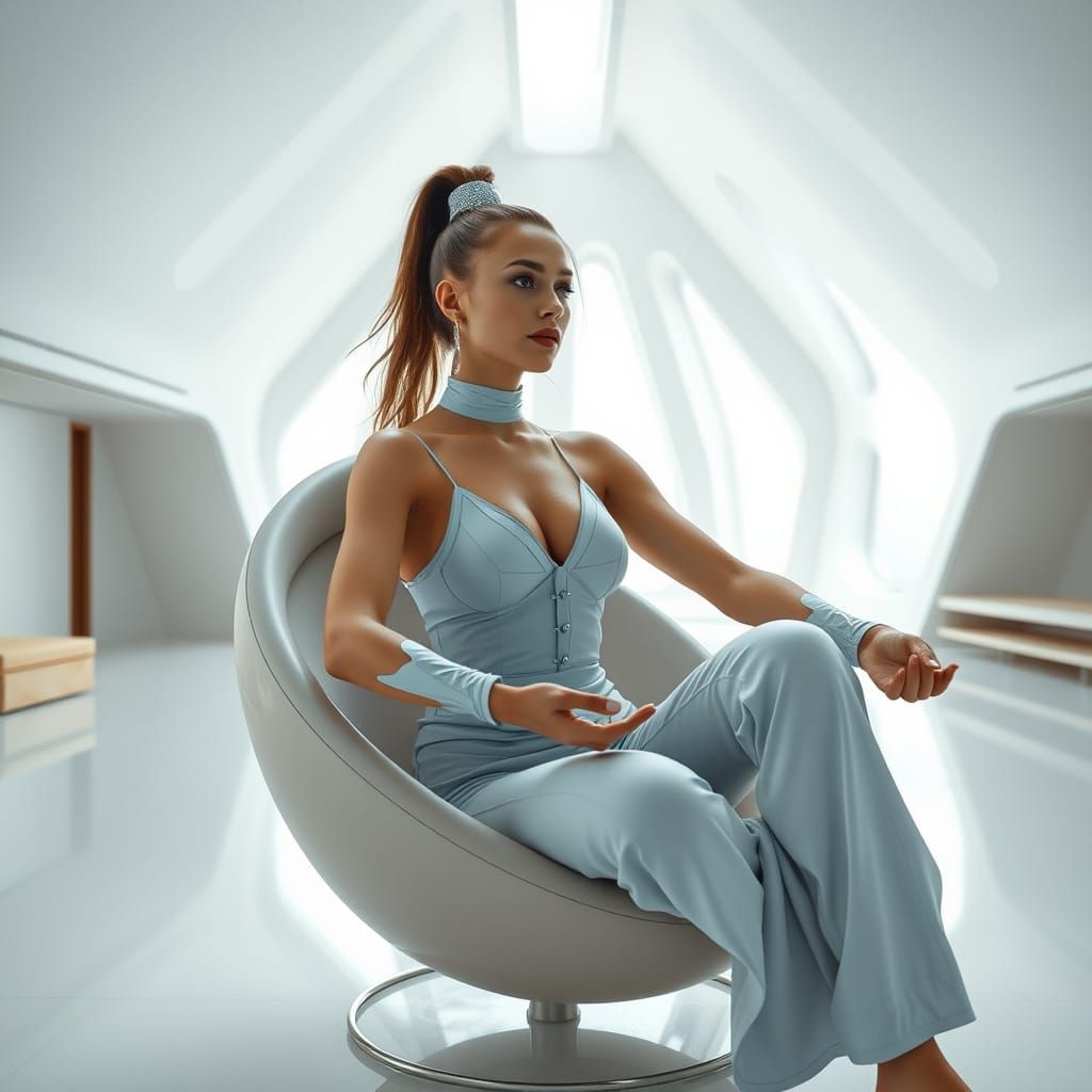 Elegant Futurist Princess Meditates in Minimalist Space