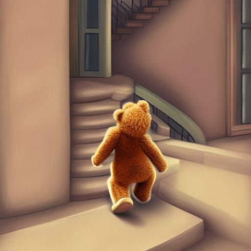 Teddy Bear Climbing Stairs in Photorealistic Style