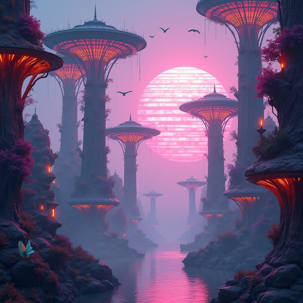 Futuristic Metropolis: Neon Skyscrapers and Luminous Trees