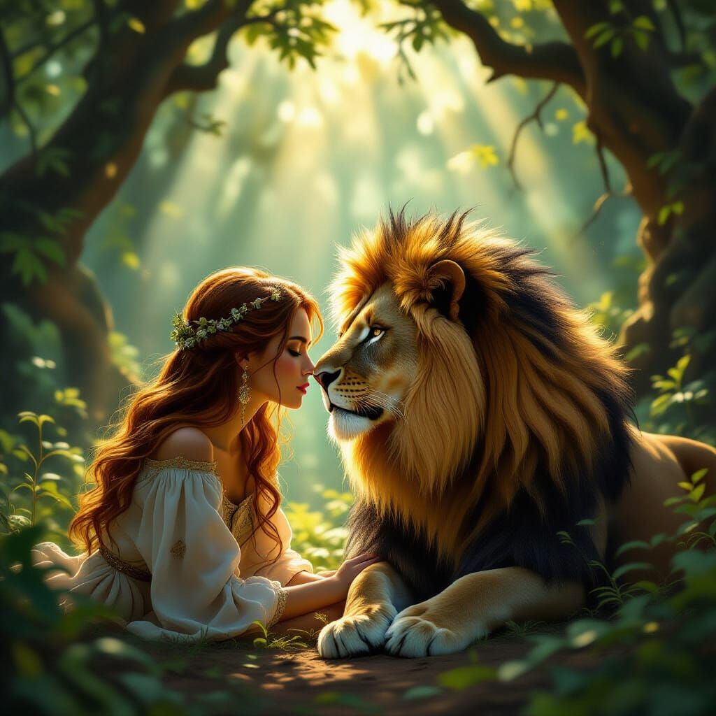Woman and Lion Touch Foreheads in Ethereal Forest
