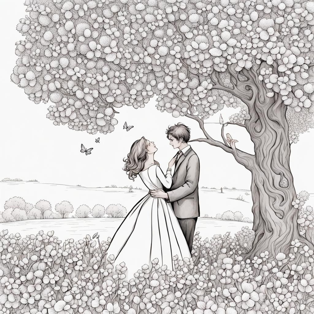 Coloring Page: Couple in Love Under Blooming Tree