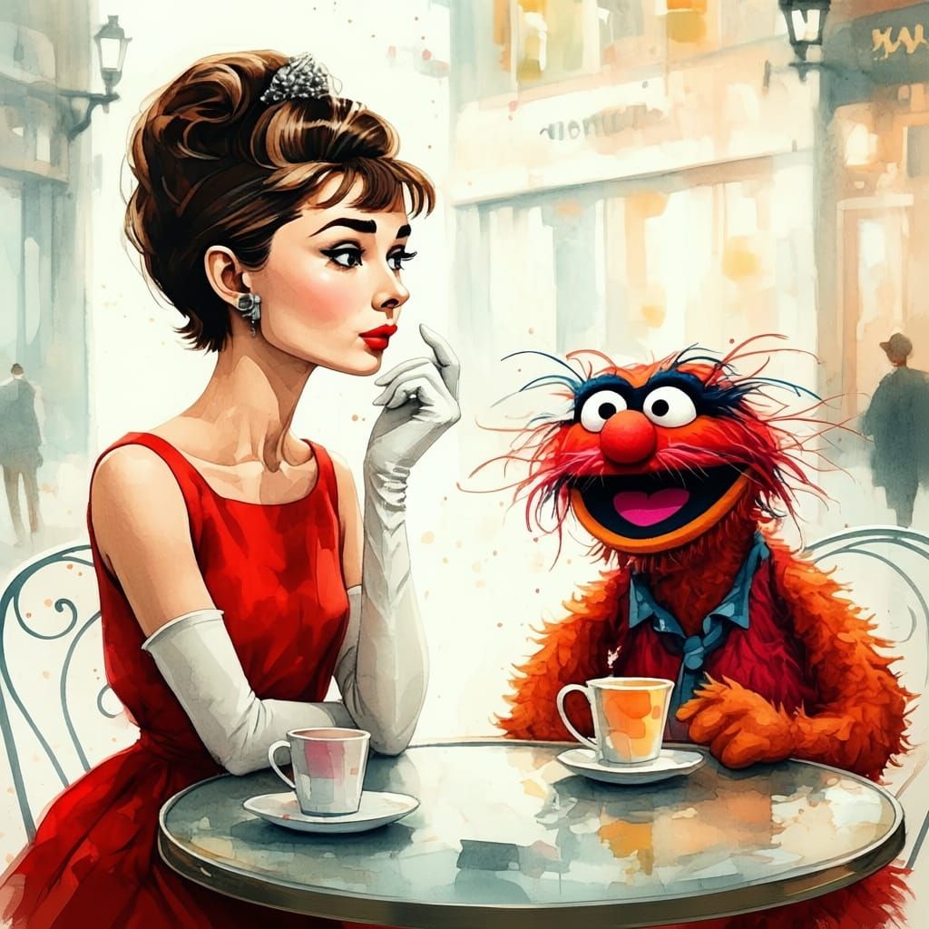 Audrey Hepburn with Muppet Animal in Watercolor