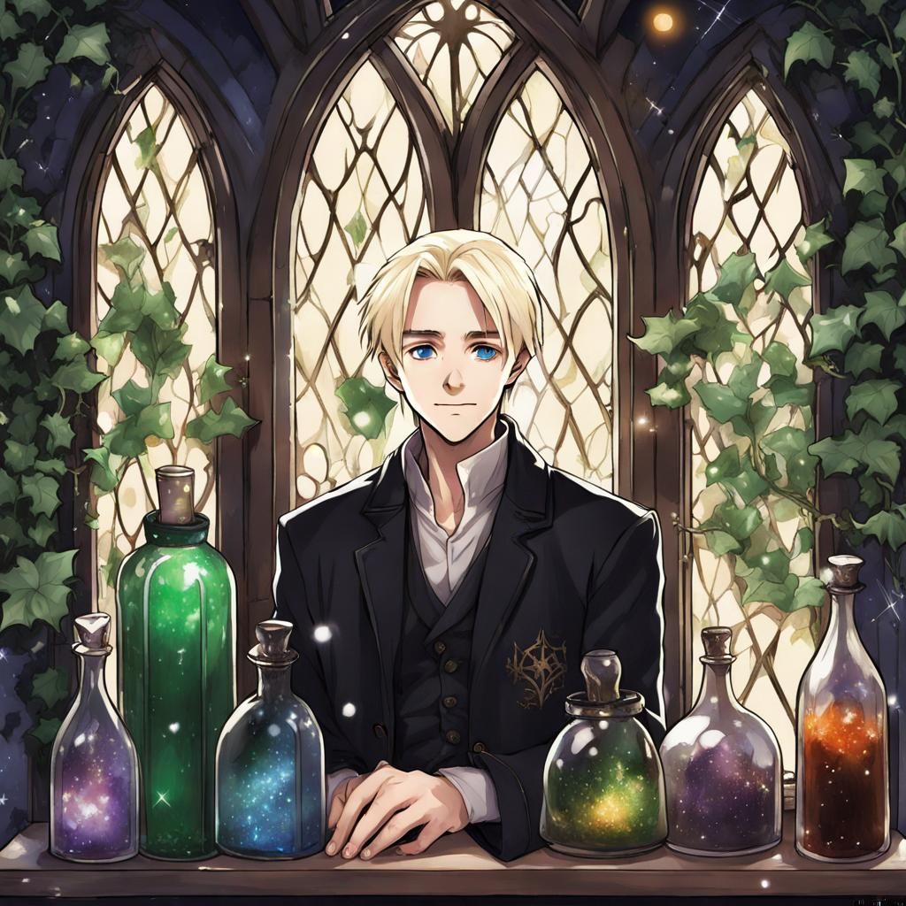 Draco Malfoy at Gothic Window, Anime Style