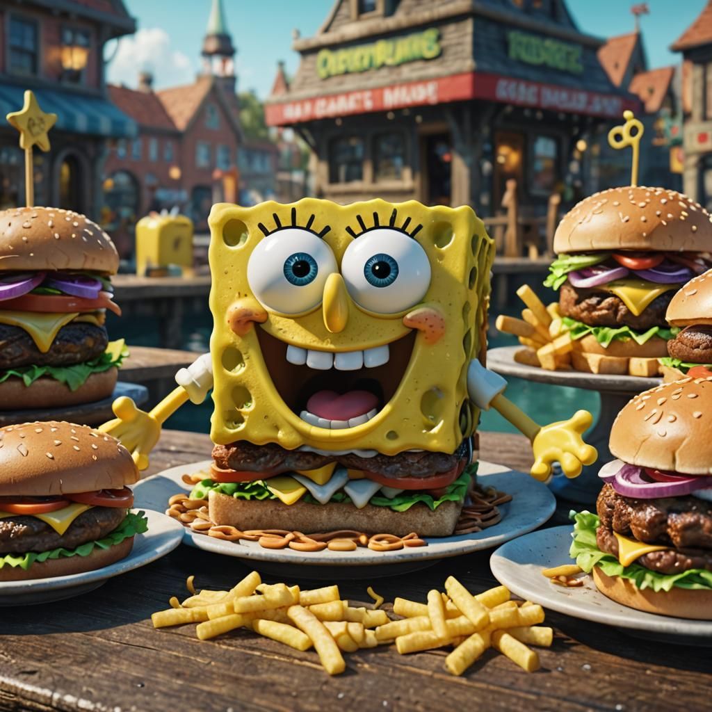 SpongeBob Eats Earthworm Burger: Hyperrealistic Close-Up