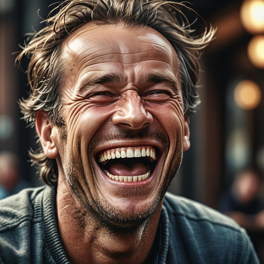 Hyperrealistic Portrait of a Laughing Man in HDR