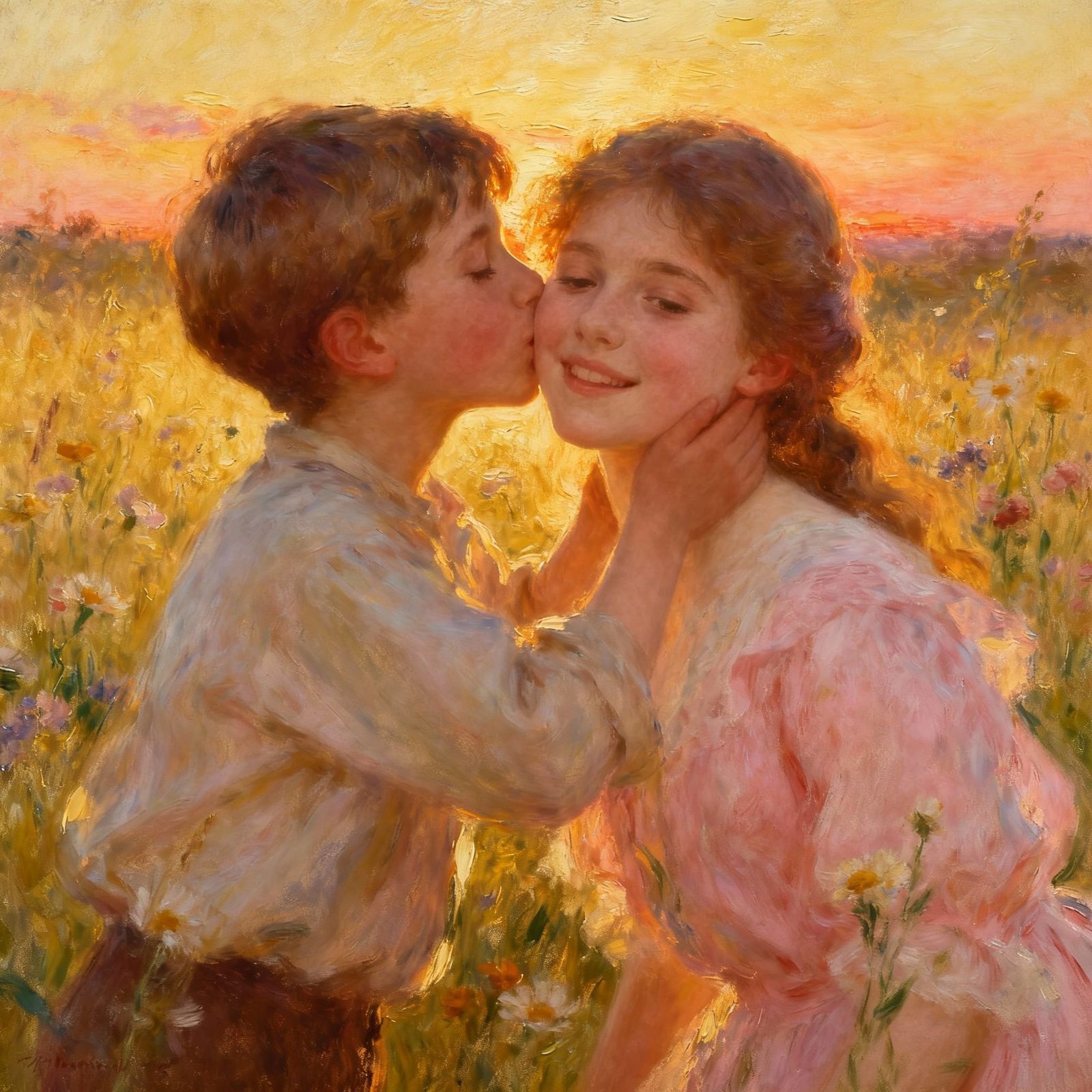 Romantic Sunset Kiss in Wildflower Field