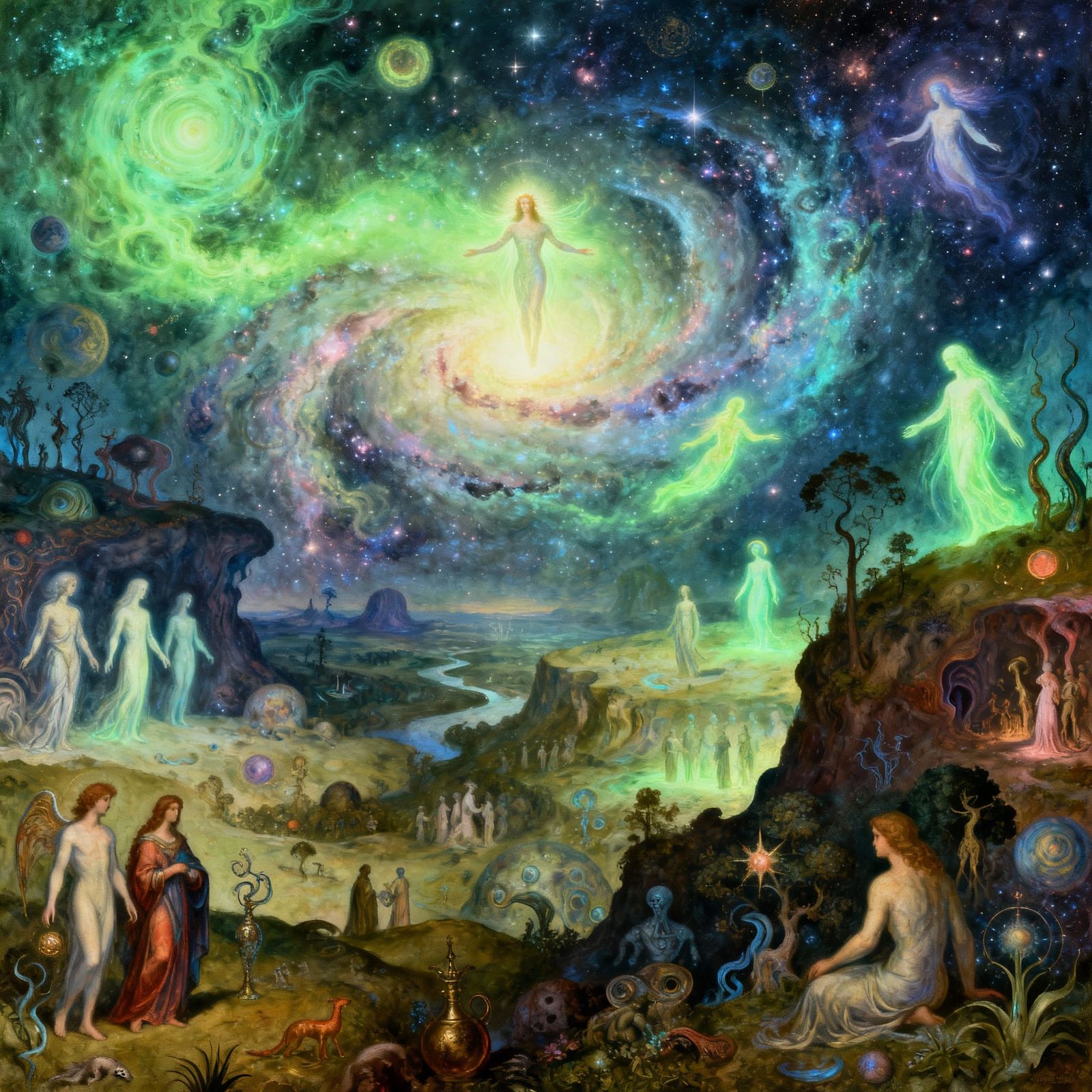 Surreal Afterlife Landscape with Ethereal Beings