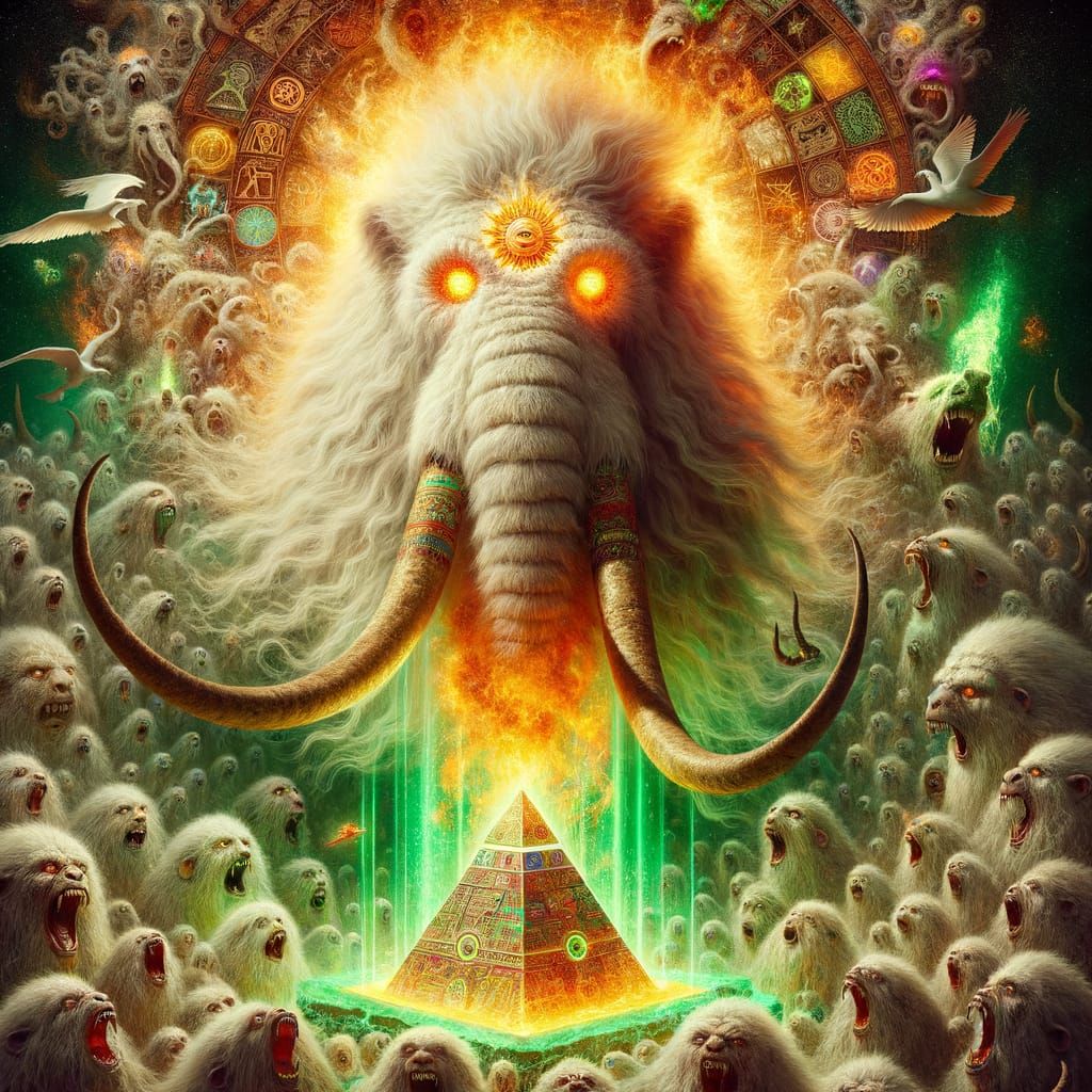 Ancient Mammoth-Like Creature Amidst Primordial Chaos