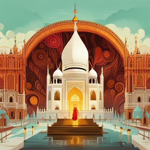 Taj Mahal Digital Painting with Golden Outlines