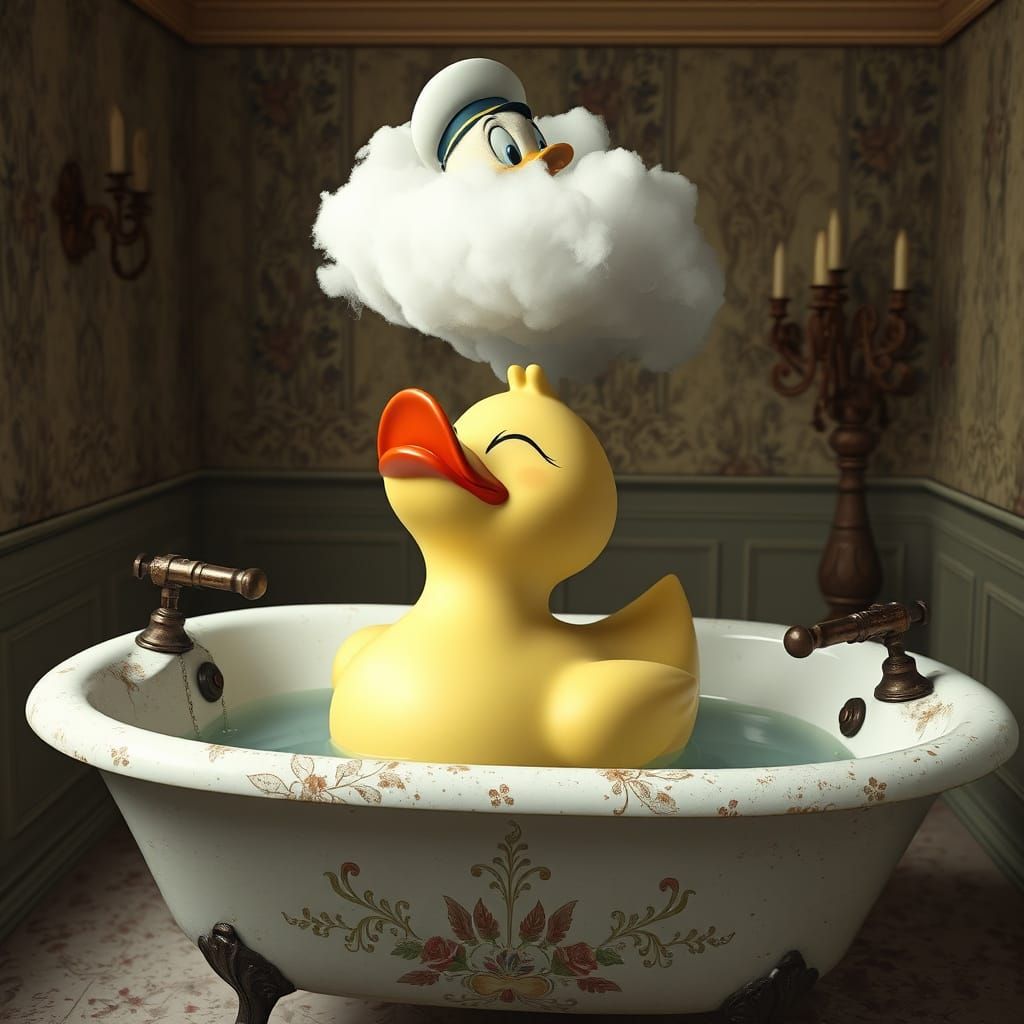 Whimsical Rubber Duck in Vintage Bathtub Scene