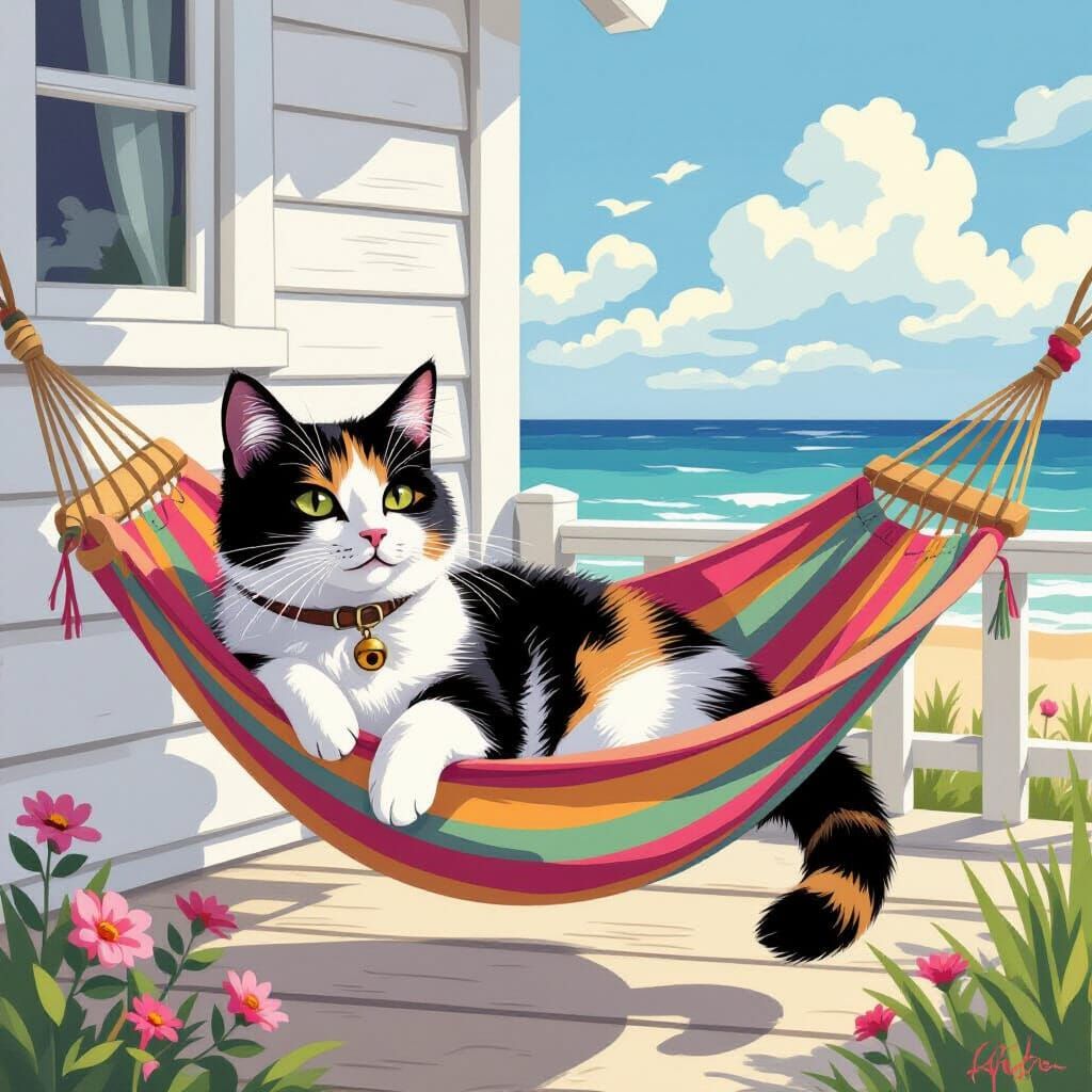 Calico Cat in Hammock by Beach Cottage