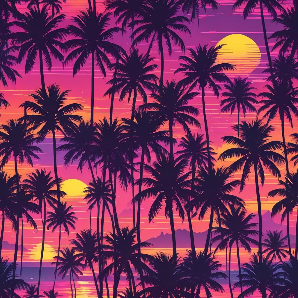 Synthwave Sunset Over Palm Tree Beach