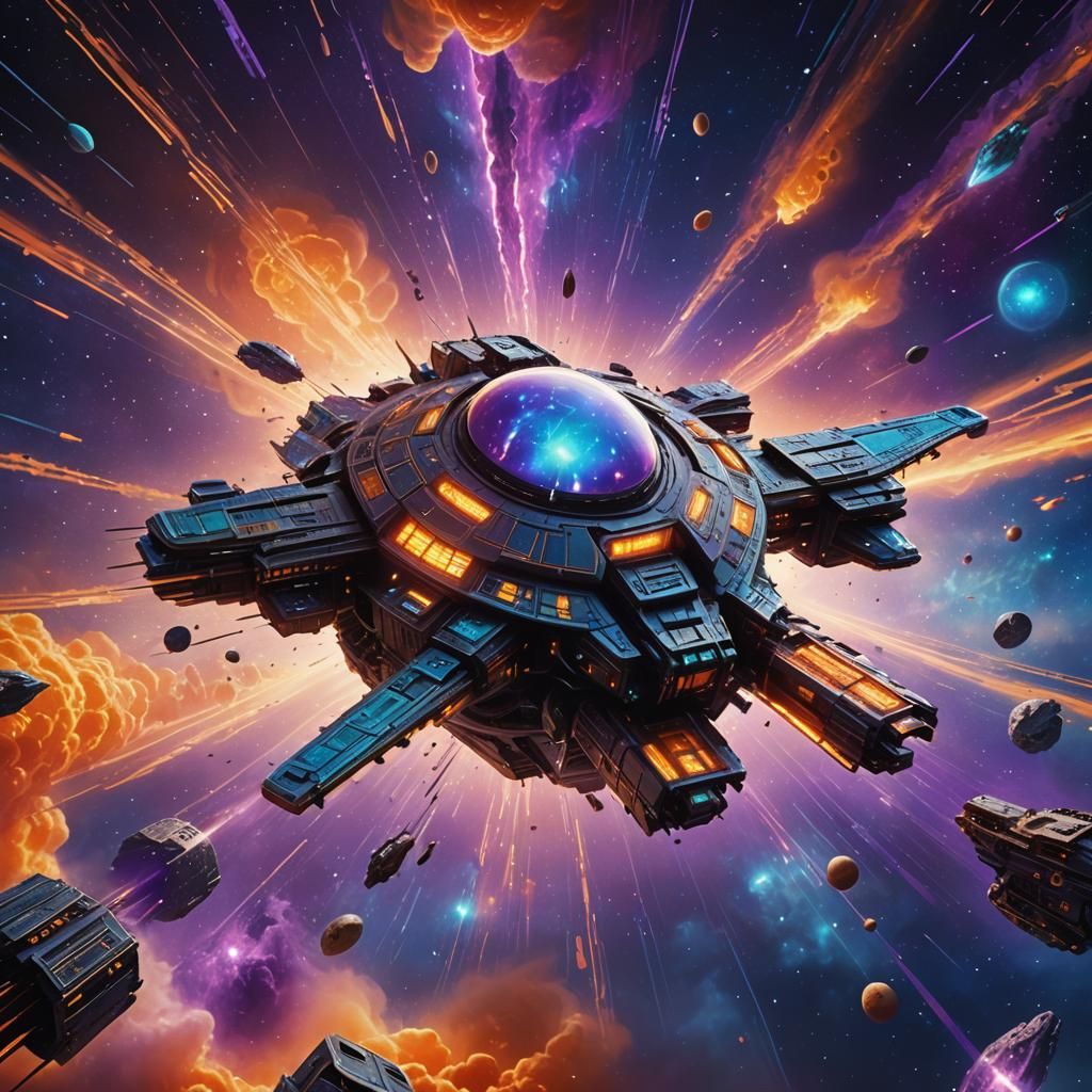 Cubed Egg Spacecraft Speeds Through Iridescent Cosmos