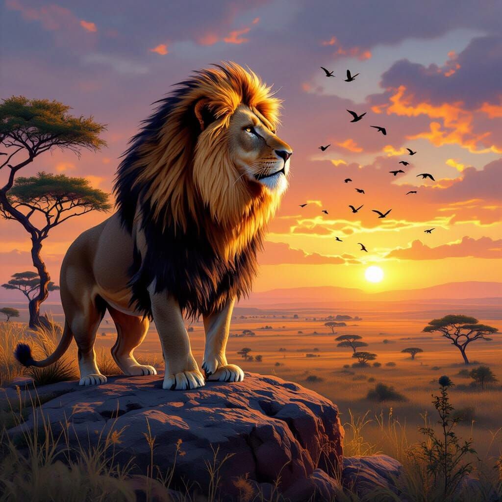 Majestic Lion Overlooking Savannah at Sunset