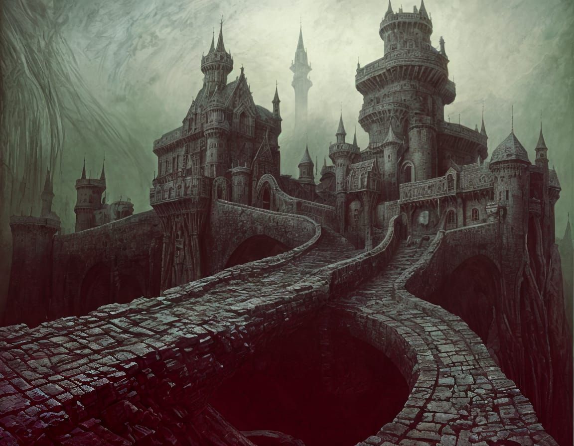 Surreal Castle Landscape with Twisted Forms and Figures