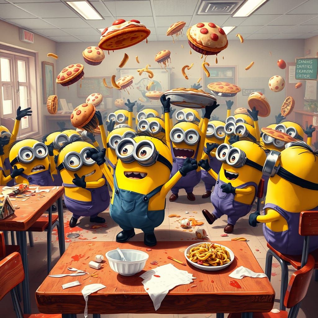 Playful Minions Engage in a Whimsical Food Fight in a School...