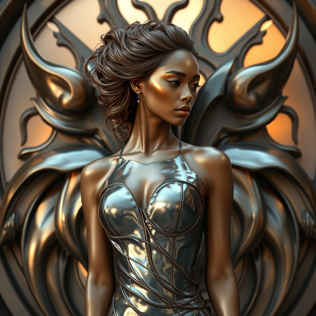 Futuristic Woman in Sculptural Metal Dress