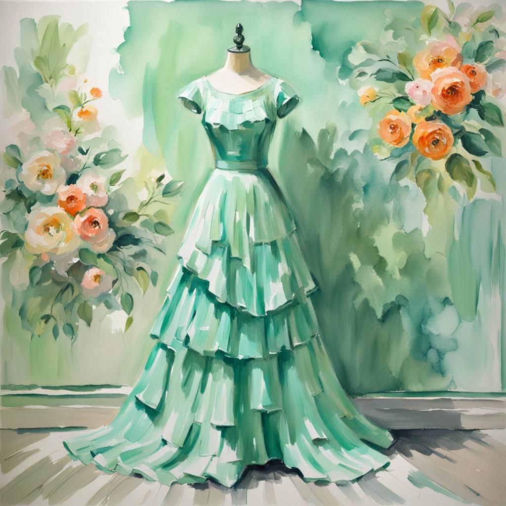 Mint Green Dress in Gouache Watercolor Style
