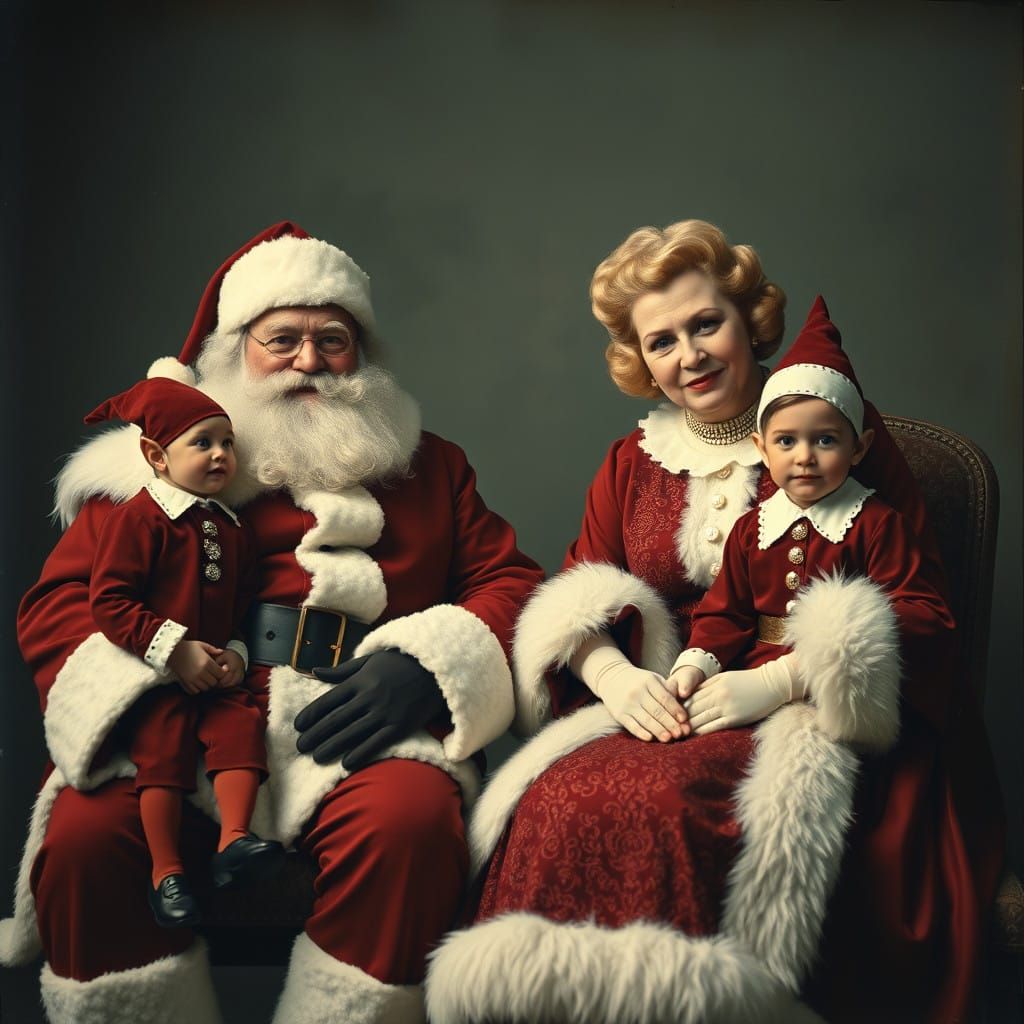Vintage Family Portrait of Santa and Mrs Claus in Elegant 19...