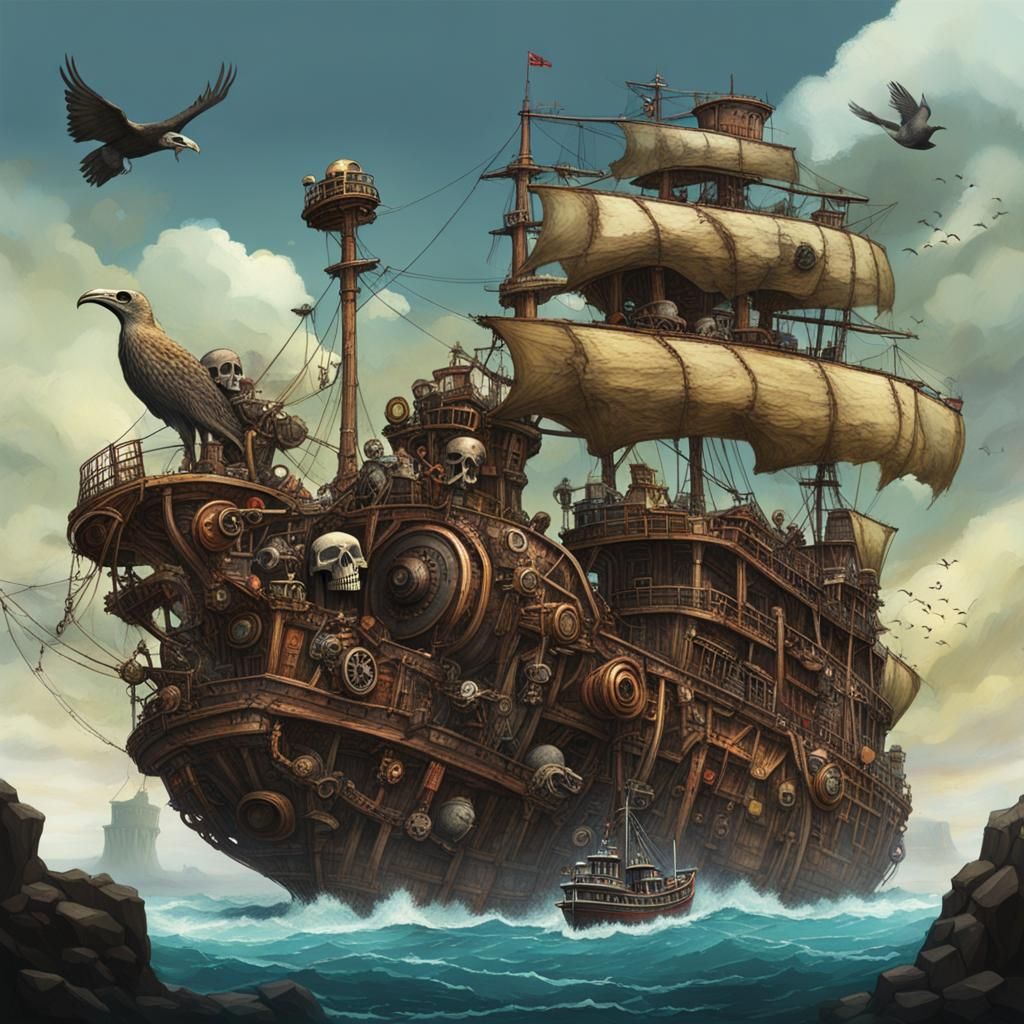 Steampunk Skull Island Scene with Pirate Ship