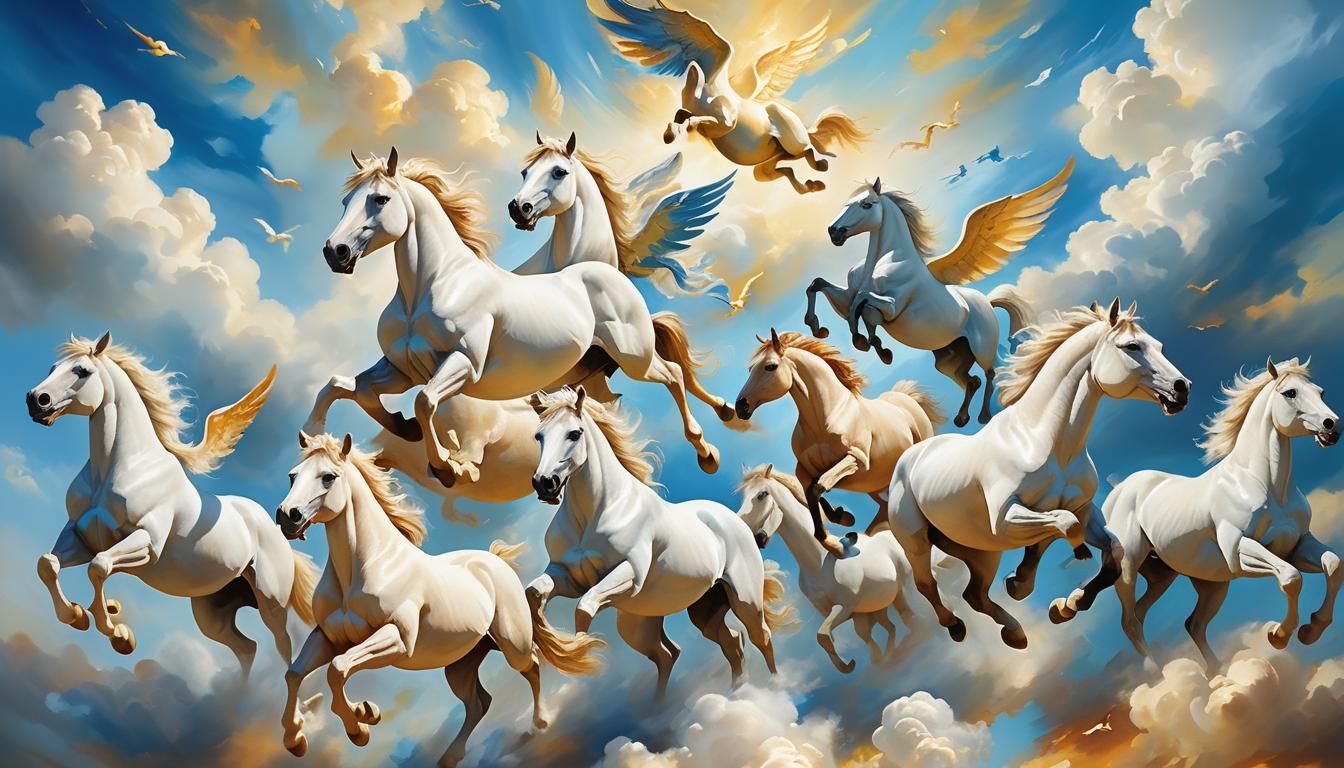 Winged Horses Soaring in Golden Light as Oil Painting