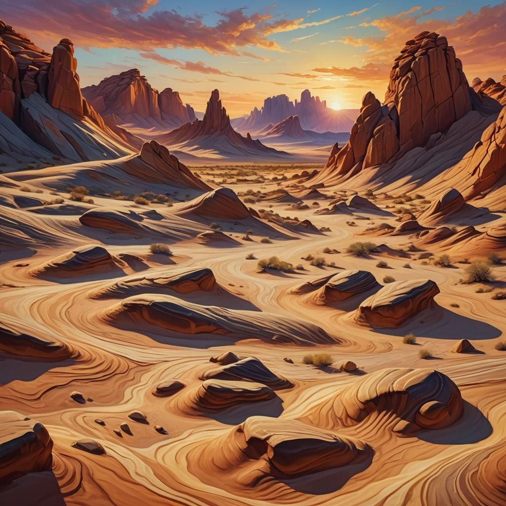 Harmonious Desert Rocks in Surreal Oil Painting