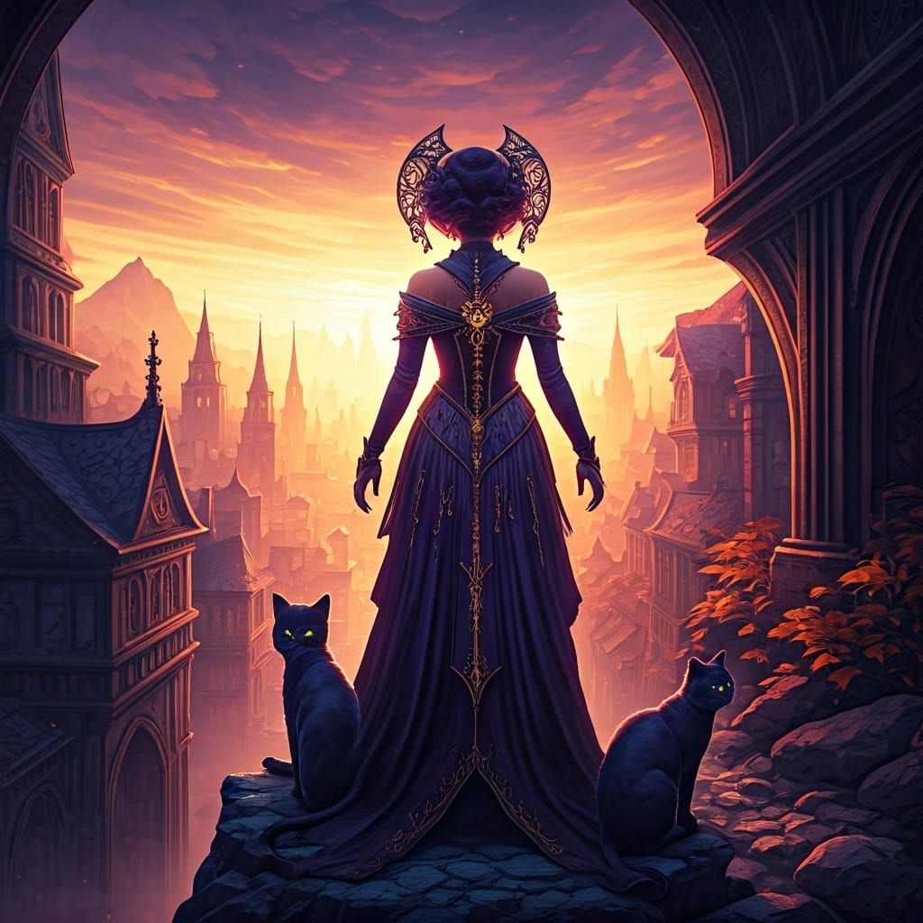 Witch Overlooking Town in Art Nouveau Style