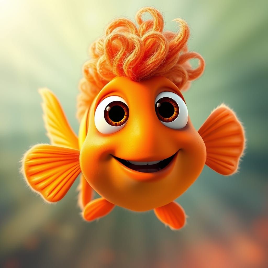 Vibrant Orange Fish with Fluffy Hair and Bright Eyes in Whim...