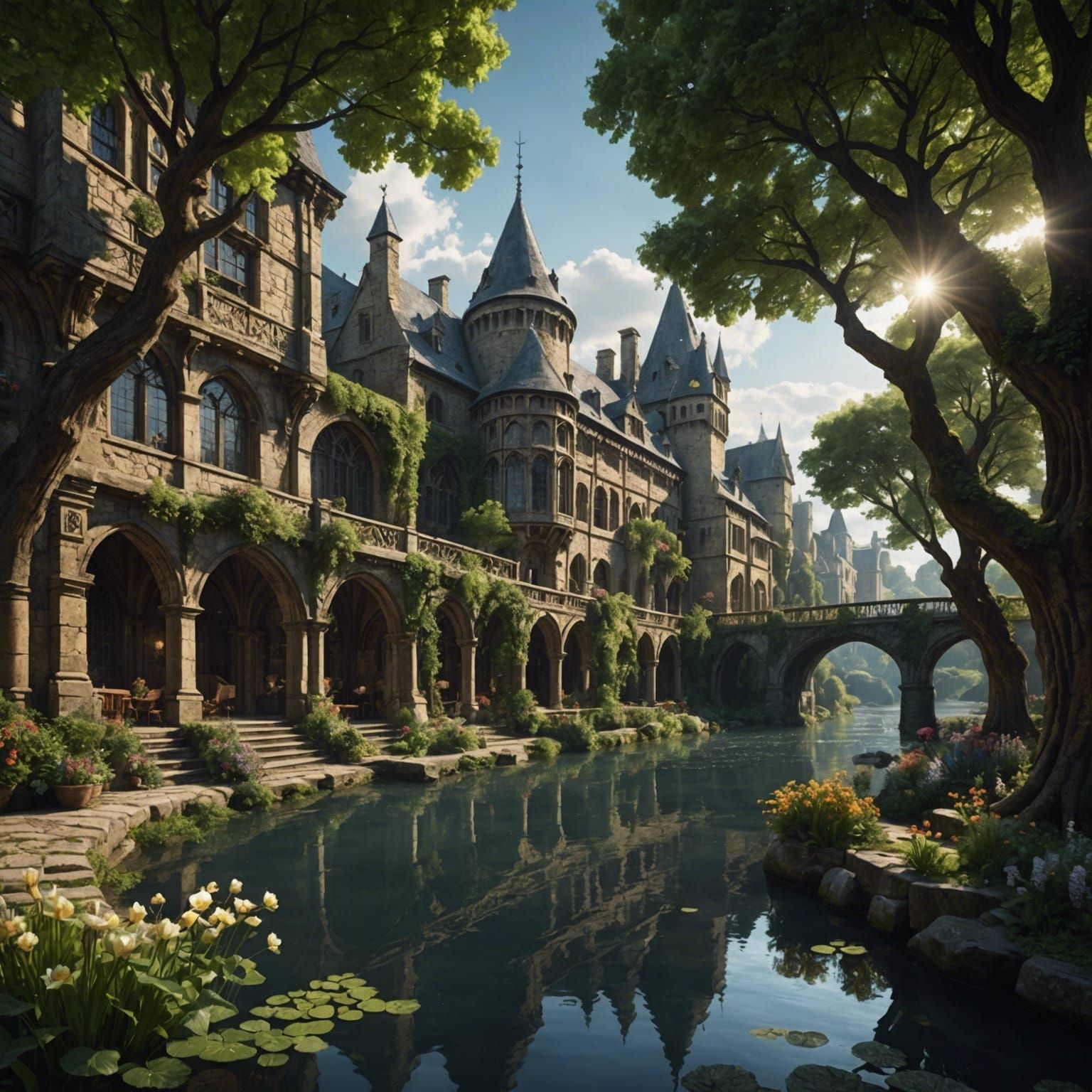 Medieval City on Riverbank in Digital Matte Painting