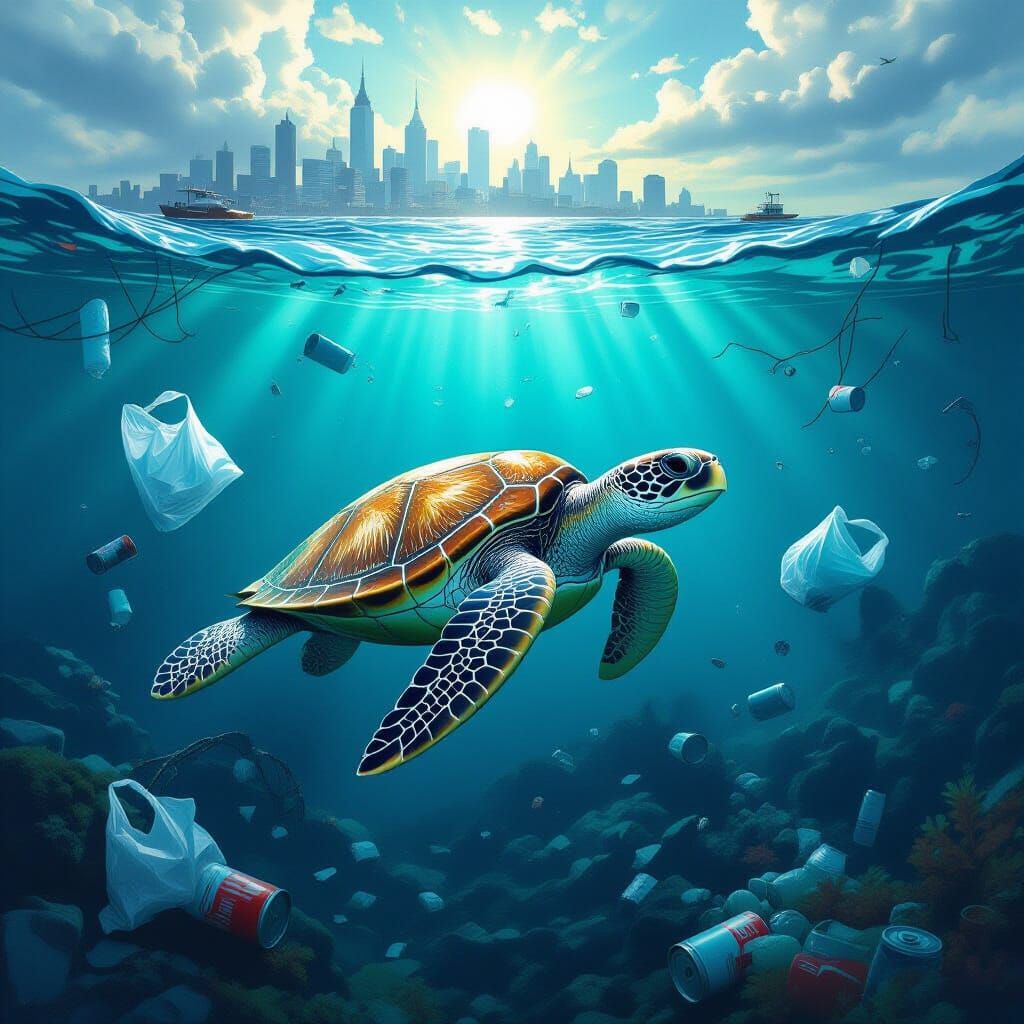 Sea Turtle in Polluted Ocean, Dark Surrealism