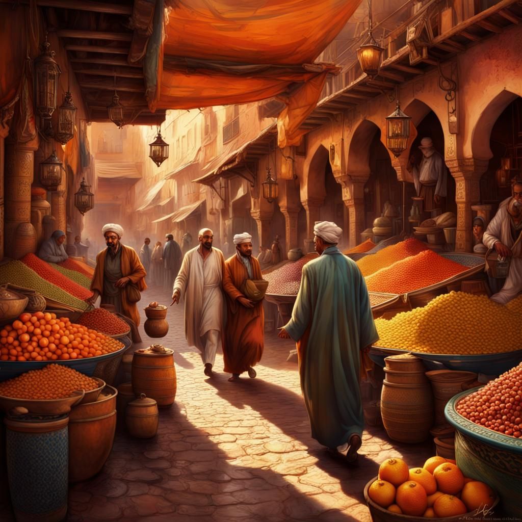 Vibrant Marrakech Market Scene in Detailed Digital Art