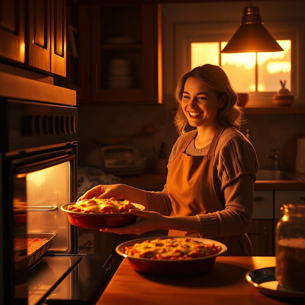 Cozy Kitchen Scene: Warm Glow of Lasagna