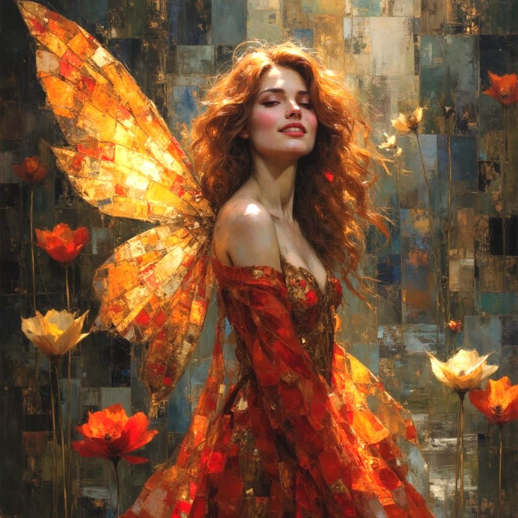 Smiling Fairy in Grove: Detailed Impasto Oil Painting