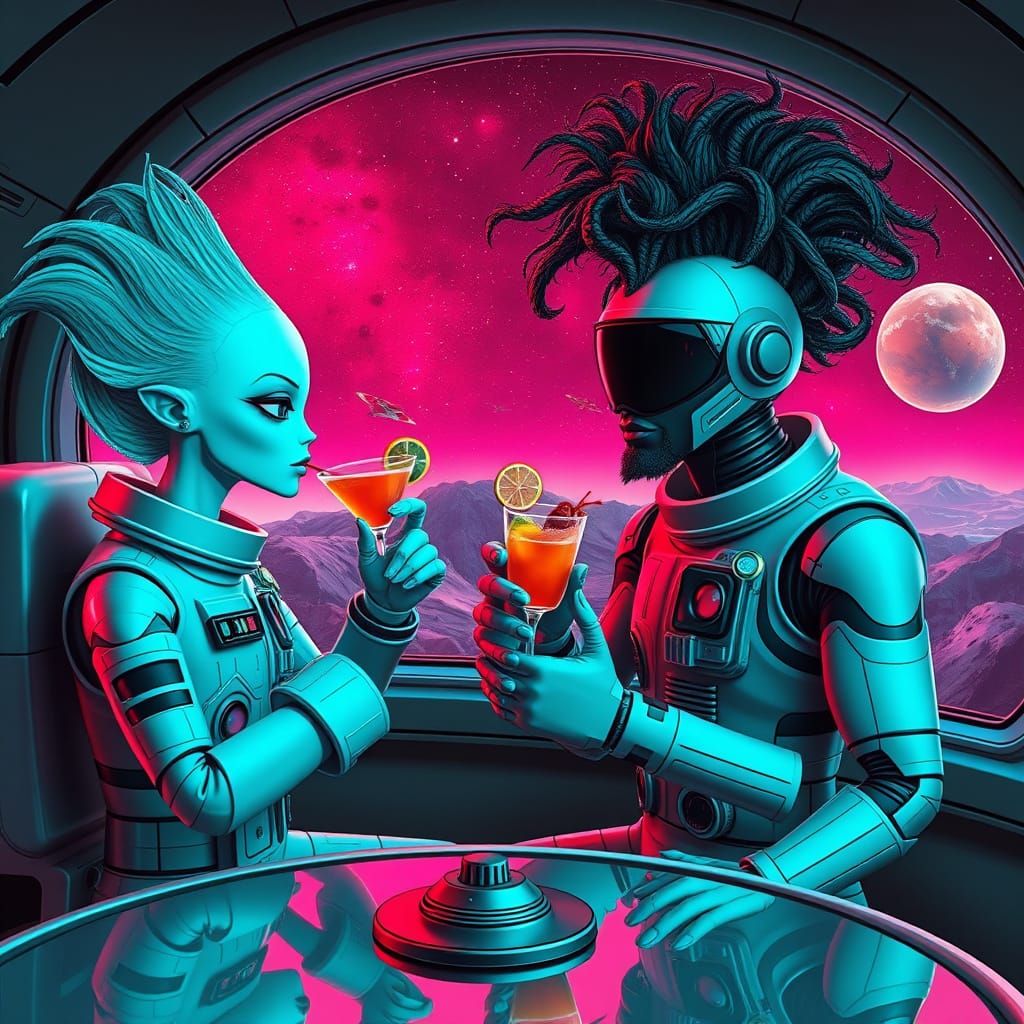 Cosmic Cafe: Turquoise Alien and Astronaut in Vibrant Hair, ...