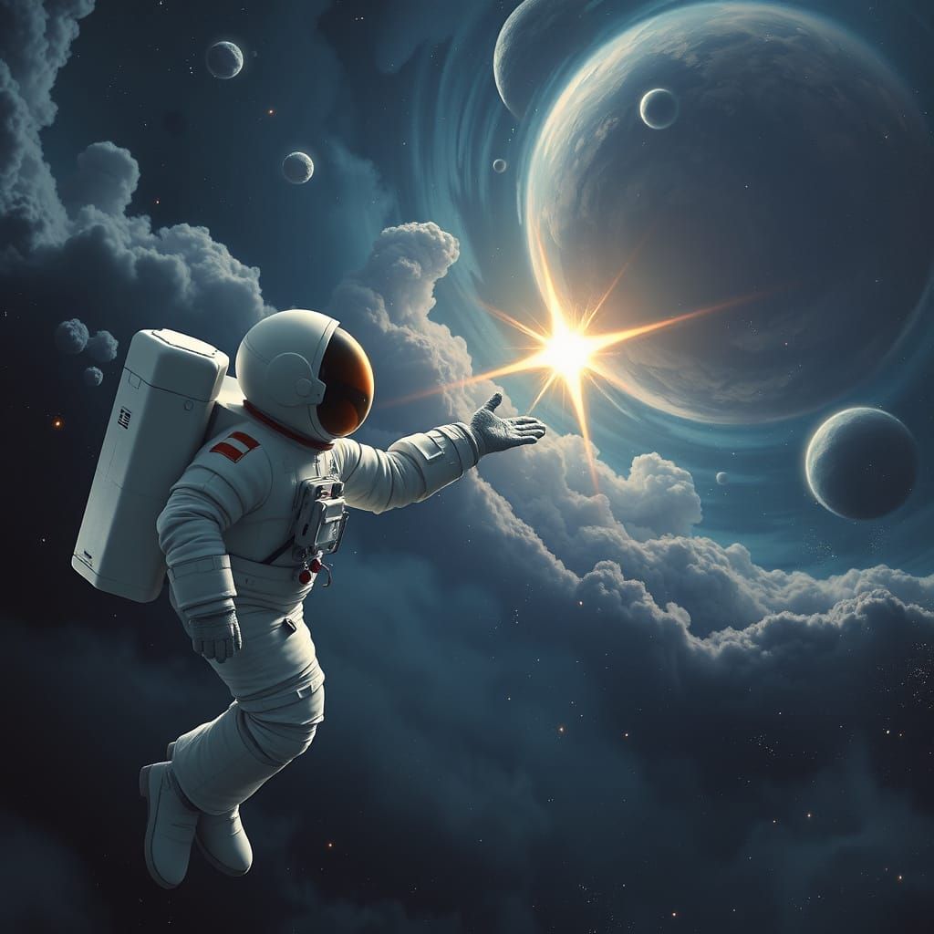 Astronaut Reaches for a Glowing Star in Realistic Space Scen...