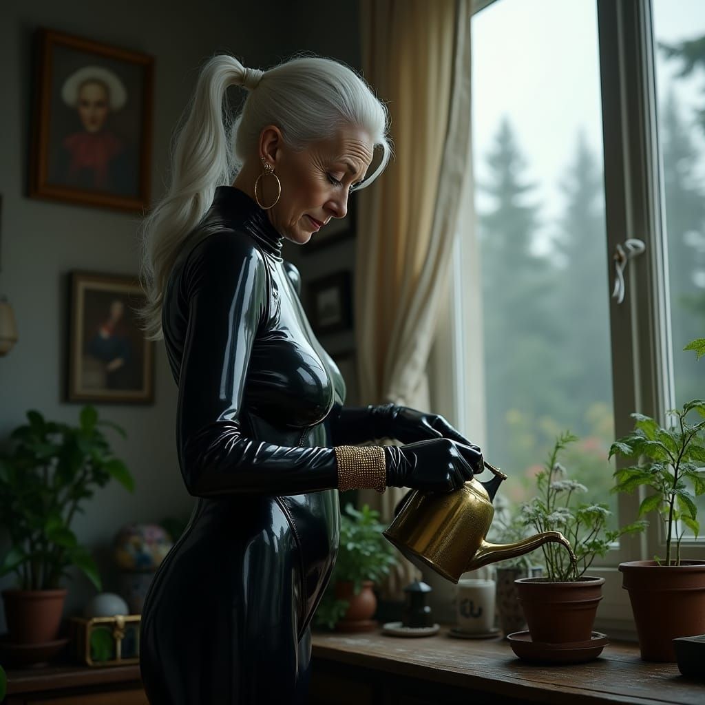 Elegant Woman in PVC Bodysuit Waters Plants by Forest Window
