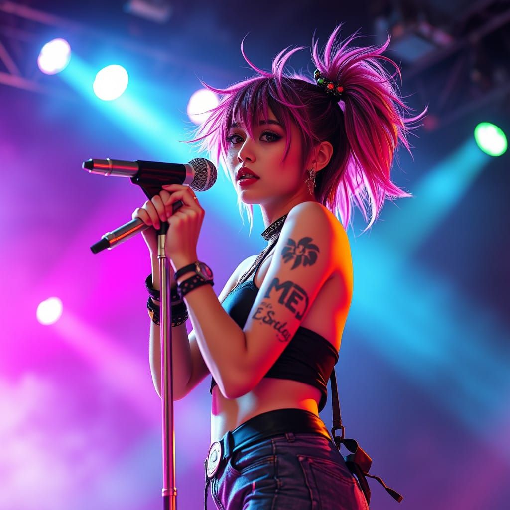 Vibrant Pop Idol Performs Under Neon Lights