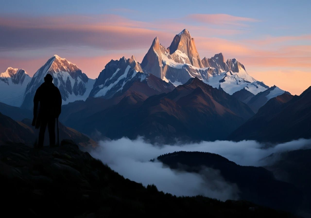 Melancholy Faces Emerge into Alpine Sunset