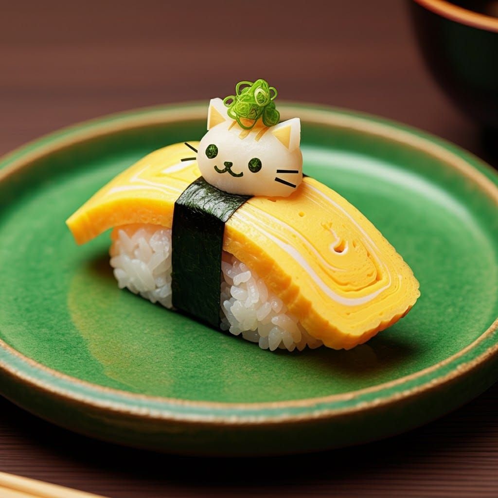 Tamago Cat Sushi on Oribe Plate in Anime Style