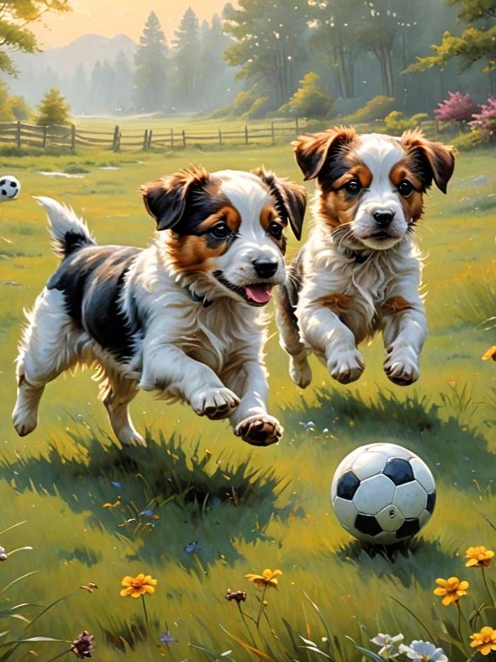 Puppies Play Soccer: Oil Painting in Fantasy Style