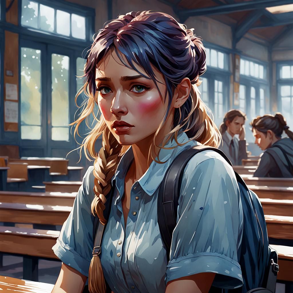 Sad Girl at School in Watercolor Splash Art Style