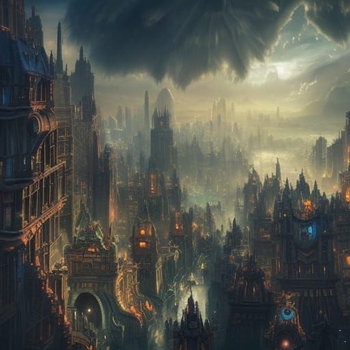 Warhammer Cityscape with Dragon in Fantasy Art Style