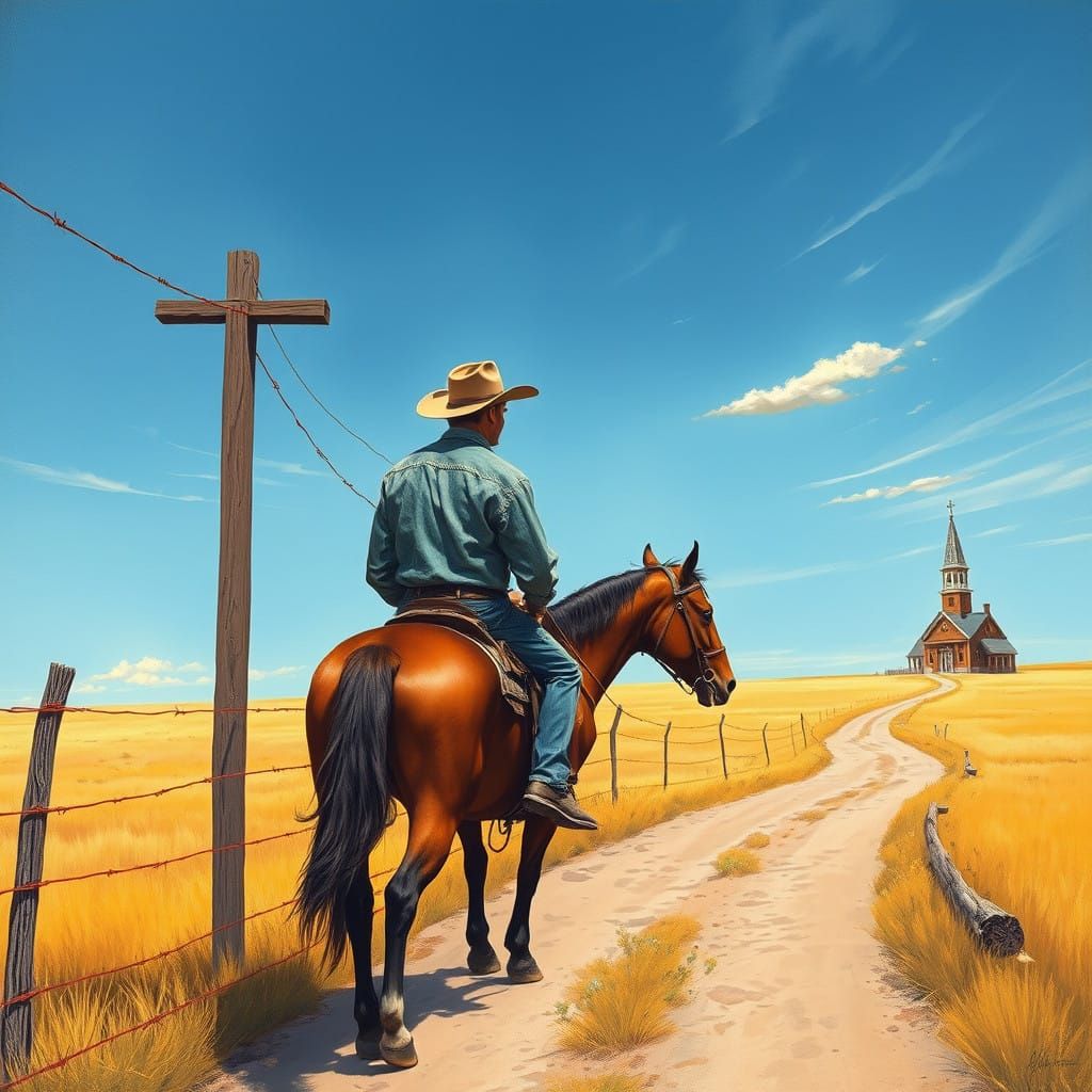 A Worn Cowboy Rides the Winding Prairie Road